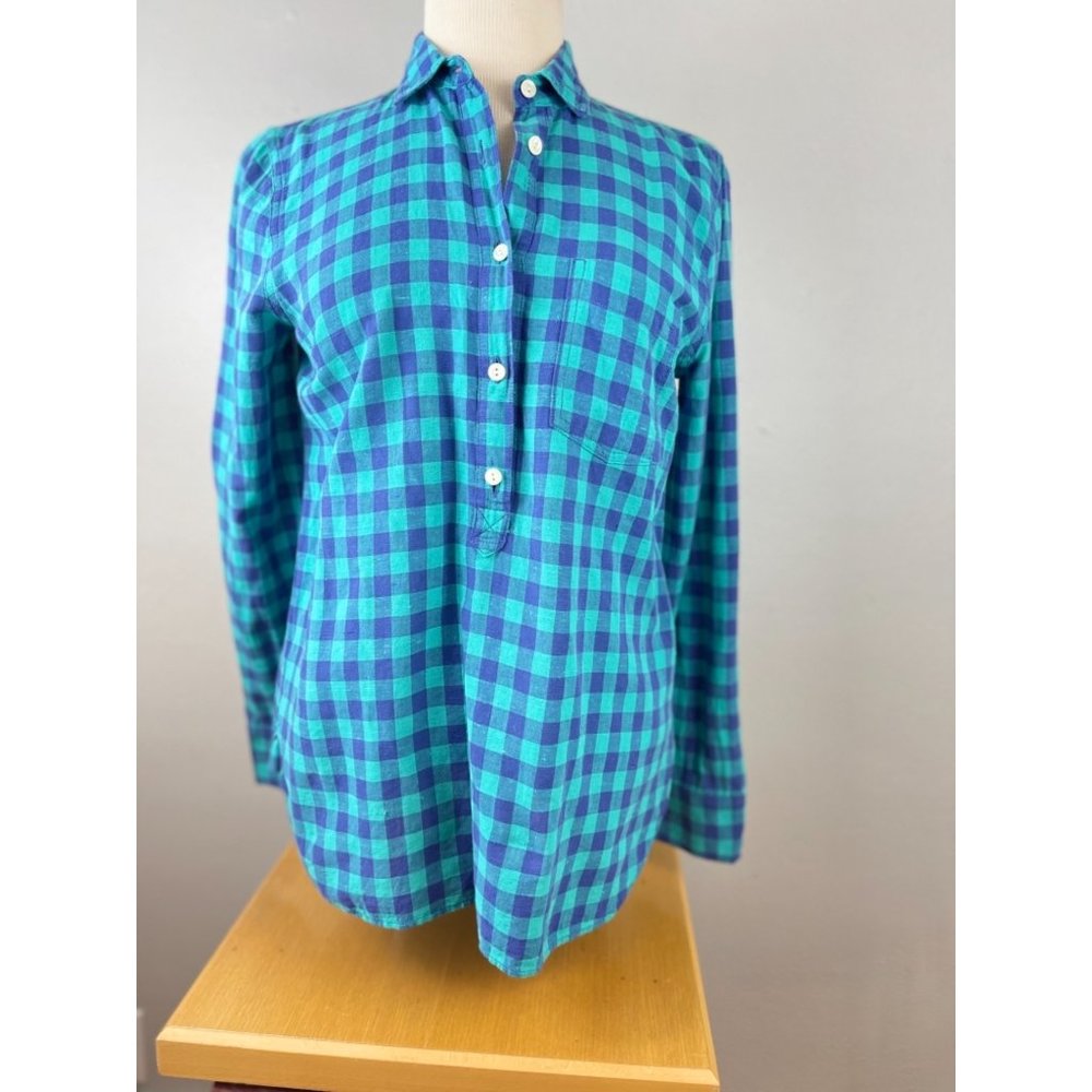 Women's J. Crew Sz 2 Blouse Henley Checkered Button Collared Shirt L/S